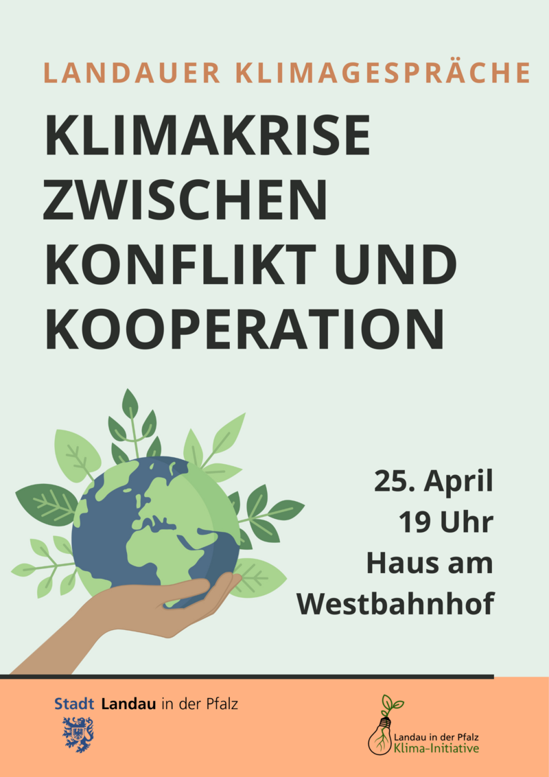 Blassgrünes Plakat mit einem Erdball, der mit Bäumen und Pflanzen bewachsen ist und dem Schriftzug Landauer Klimagespräche Klimakrise zwischen Konflikt und Kooperation.
