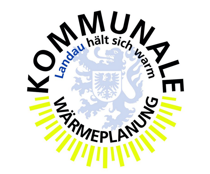 Schriftzug Kommunale Wärmeplanung Landau in der Pfalz kreisförmig um das Stadtwappen