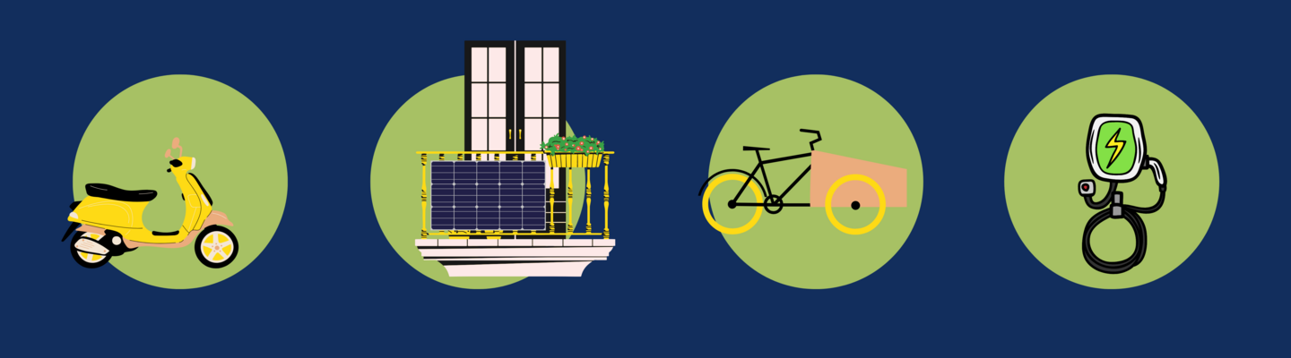 Vier Bilder von jeweils einem Roller, einem Solarmodul, einem Fahrrad mit Transportbox und einem Kabel.